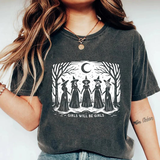 Halloween Witch Shirt Vintage Girls Will Be Girls Witch T-Shirt Women Feminist Tee Ironic Aesthetic Shirts Spooky Season Tops