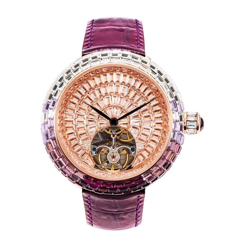 Ladies Fashion Mechanical Watch Designer New Elegant Luxury Diamonds Genuine Leather Strap Needle Buckle Women Fine Wristwatch