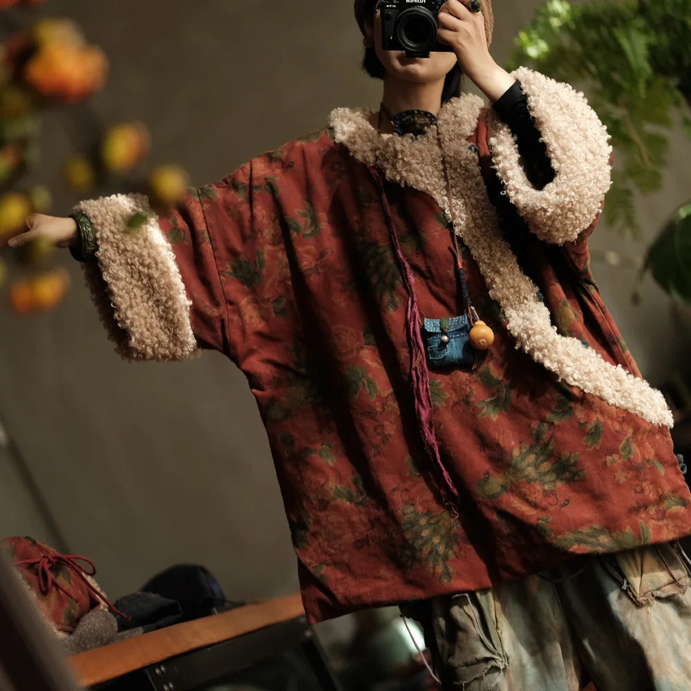 Johnature Women Corduroy Print Floral Parkas Red Winter Coats 2025 Warm Patchwork Wool Plus Cotton Women Loose Pullover Parkas