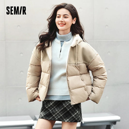 Semir Cotton Jacket Women Patchwork Loose Cotton Jacket Retro 2024 Winter New Furry Hooded Puffer Coat Trendy Cotton Jacket