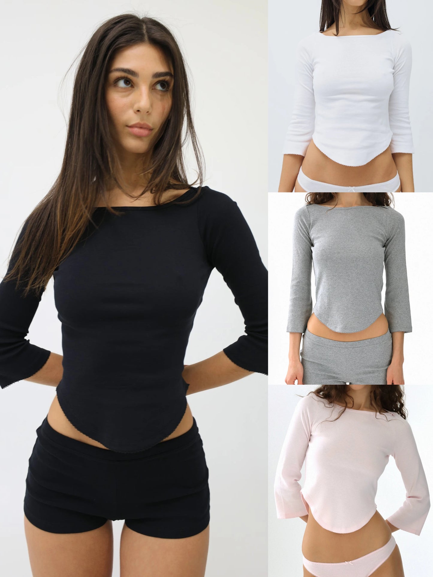 Cou Autumn Three-Quarter Sleeve Black Round Neck Long-Sleeve T-Shirt V-Shaped Hem Design Gray Top Casual Fashion White Top Lace Design Pink Base Shirt