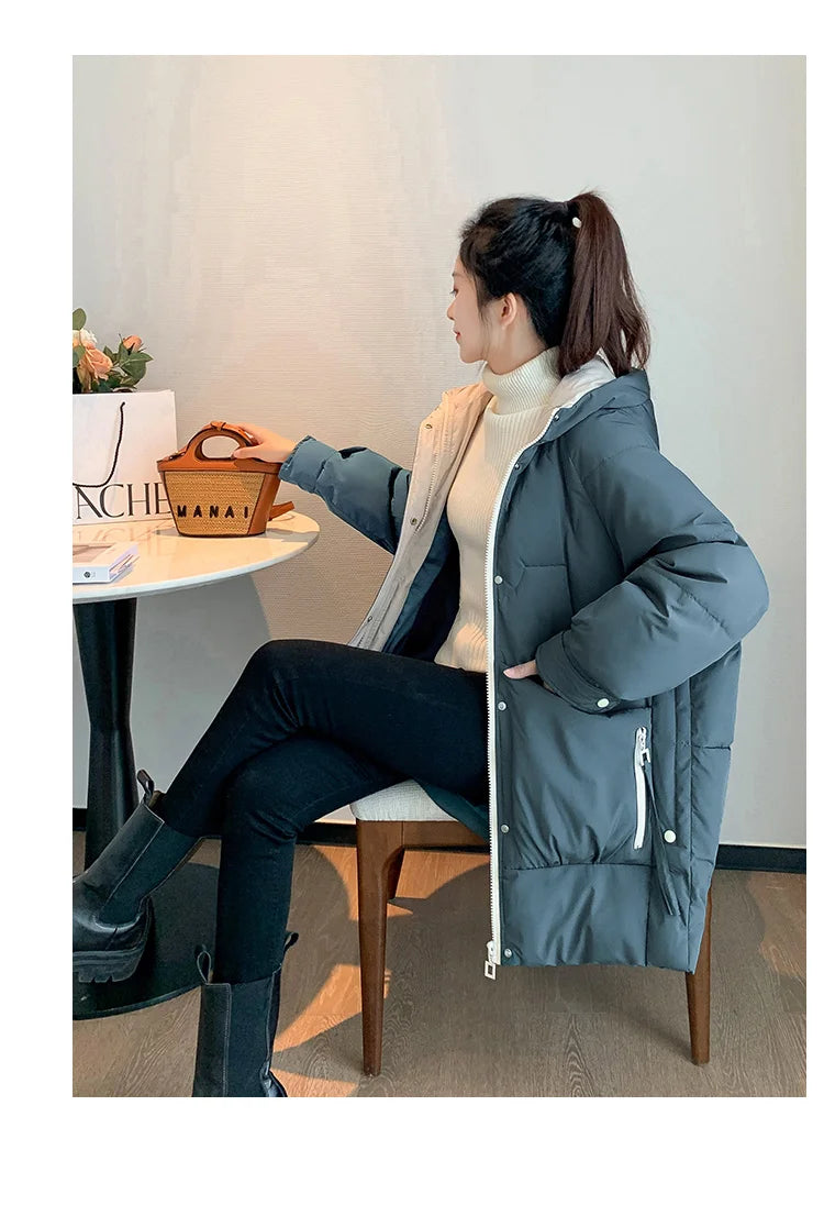Winter women Solid Cotton Coat Removable Collar Pockets Decoration Warm Windbreak Loose Thick Casual Ladies Jacket High Quality