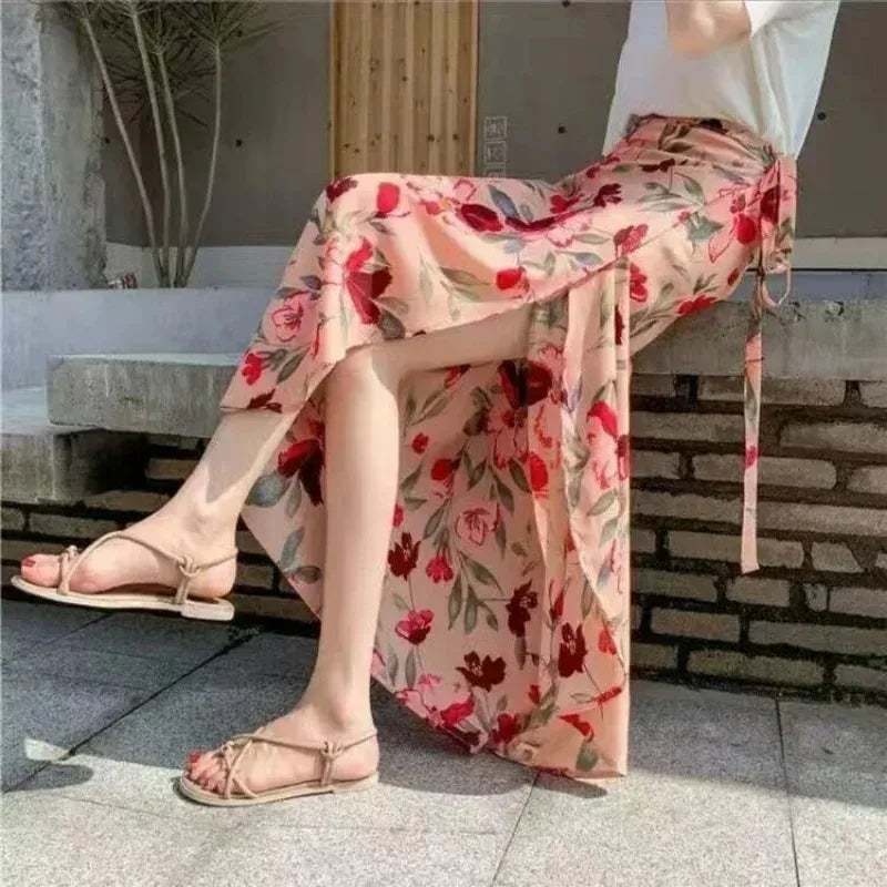 Summer Beach Floral Skirt for Women Cotton High Waist Wrap Maxi Skirt Long with Side Slit & Tie Detail Boho Style Design