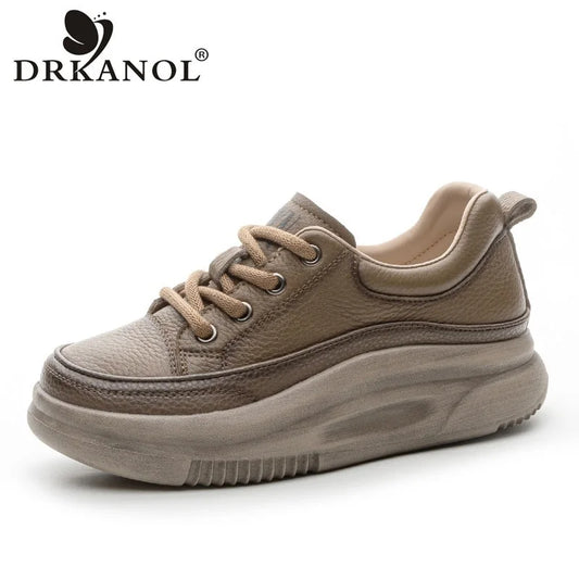 DRKANOL Fashion Women Thick Bottom Casual Sneakers Round Toe Genuine Cow Leather Chunky Platform Lace-Up Lightweight Shoes Lady