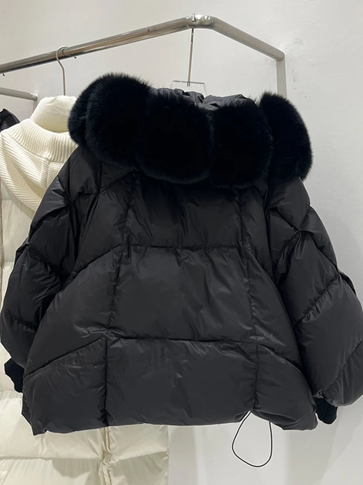 Winter Hooded Natural Large Fur Collar Down Jacket Female Warm Quilted Lantern Sleeve Jacket Women White Duck Down Solid Outwear