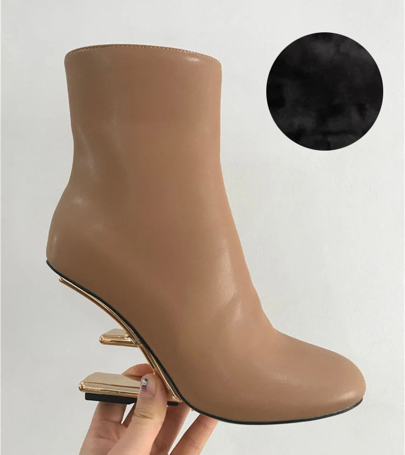 2025 New White Women Letter Strange High Heel Boots Black Wedge Shoes Autumn Winter Leather Short Botas Femininas Ladies Wedges