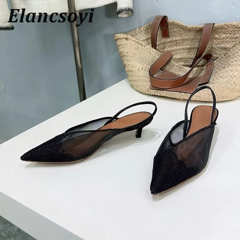 Fashion Satin Lace Kitten Heels Pointed Toe Sandals Women Pumps Low Heels Back Strap Sandalias Summer Elegant Banquet Shoes