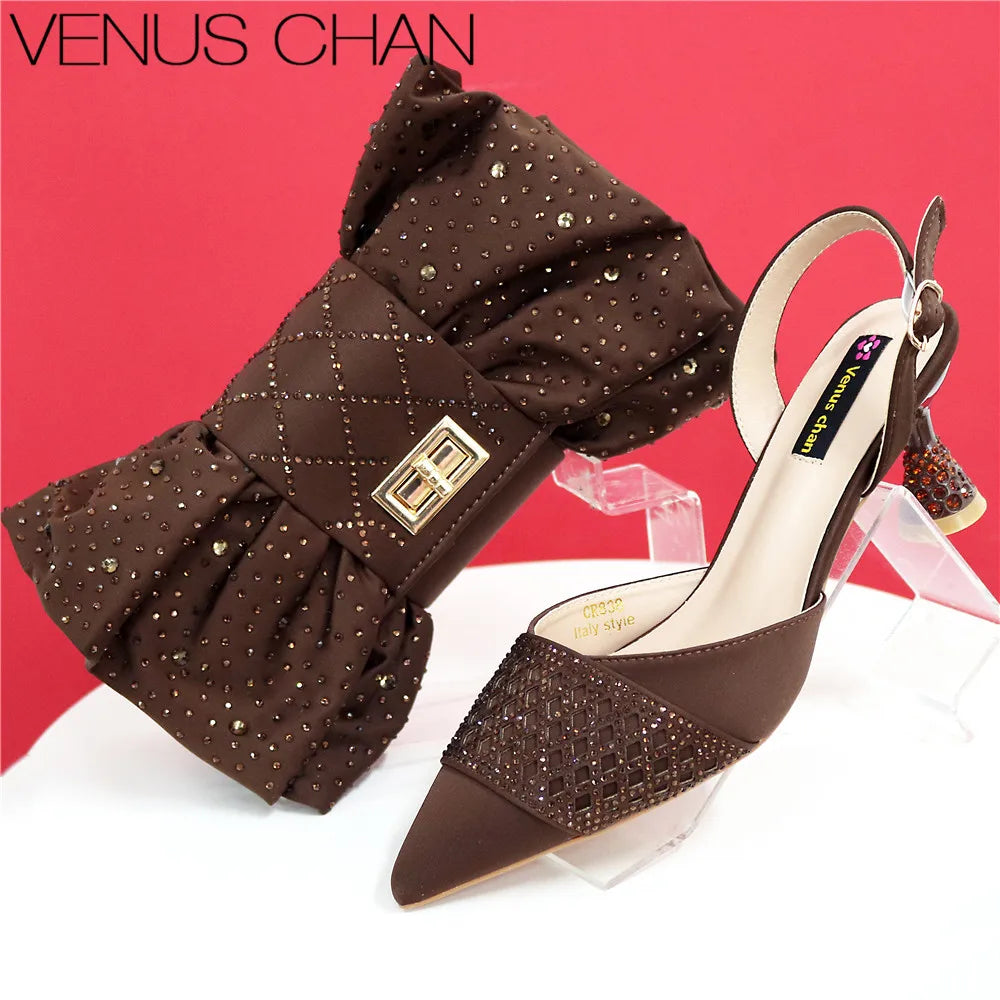 High Quality 2025 Italian Design Embossed Varnish Style Big Diamond Decoration Classic Noble Women Shoes and Bag Set