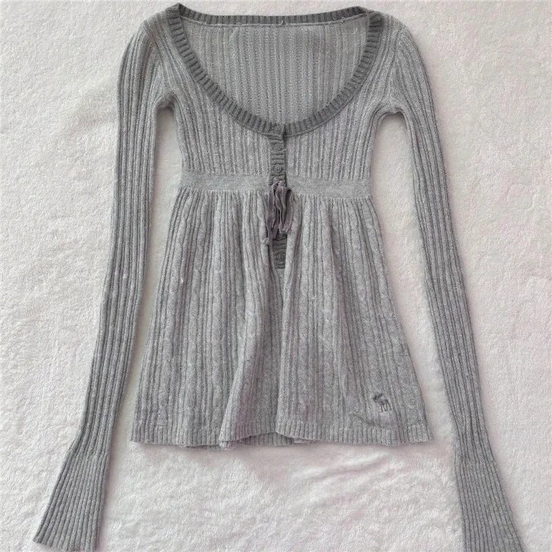 Women Y2K Fairy Grunge Long Sleeve Sweater Aesthetic Button Up Babydoll Knit Tops Square Neck Harajuku Tunic Knitwear