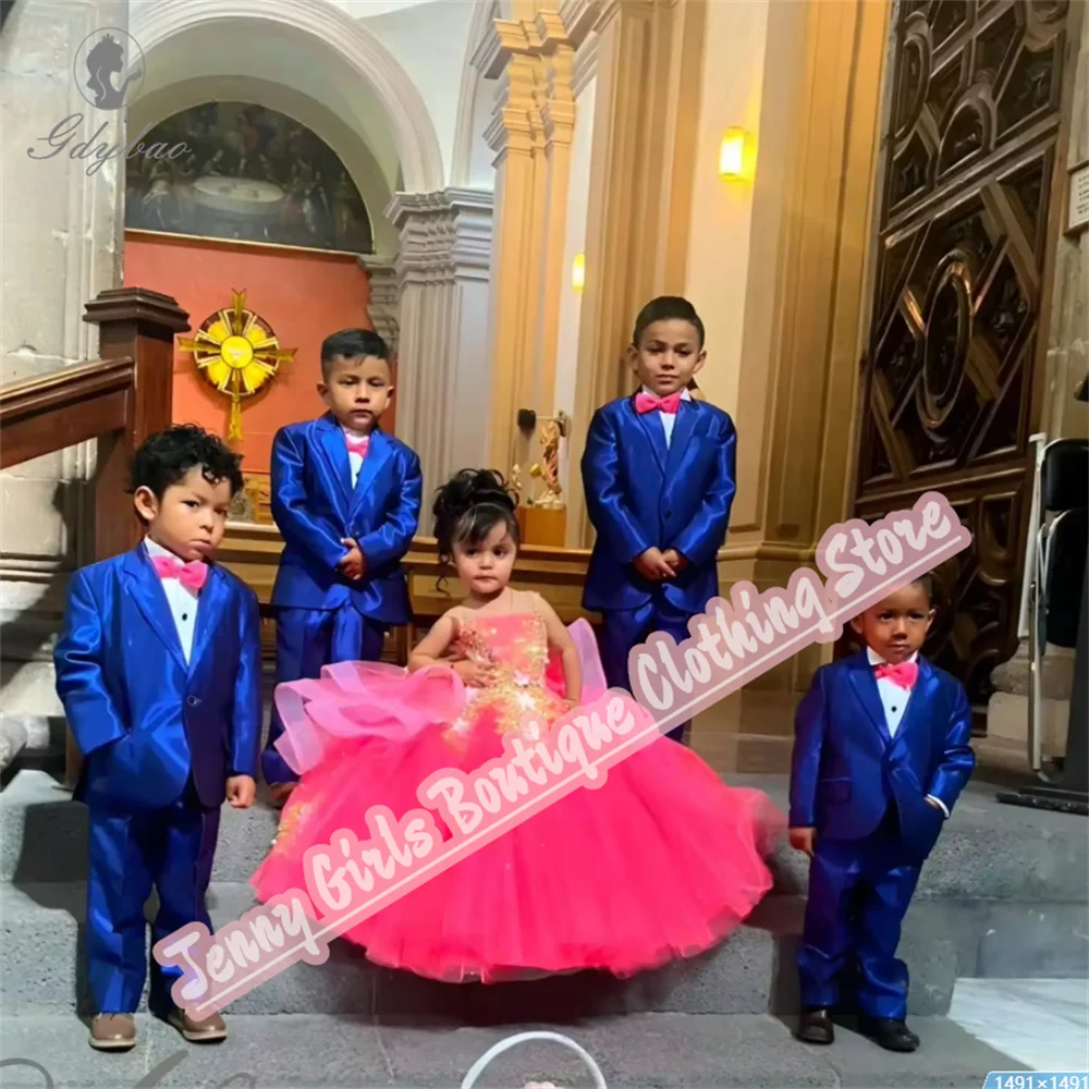 Rose Pink Girl Party Long Dresses Gold Appliqued Wedding 2025 Customized Birthday Pageant Feast Events Dress