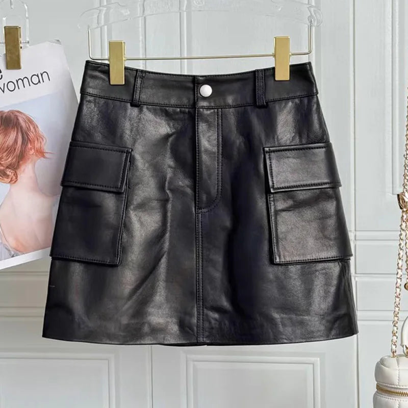 2025 Autumn/Winter New Genuine Leather Skirt for Women High Waist Side Pocket Slim Look Head Layer Sheepskin A-line Mini Jupe