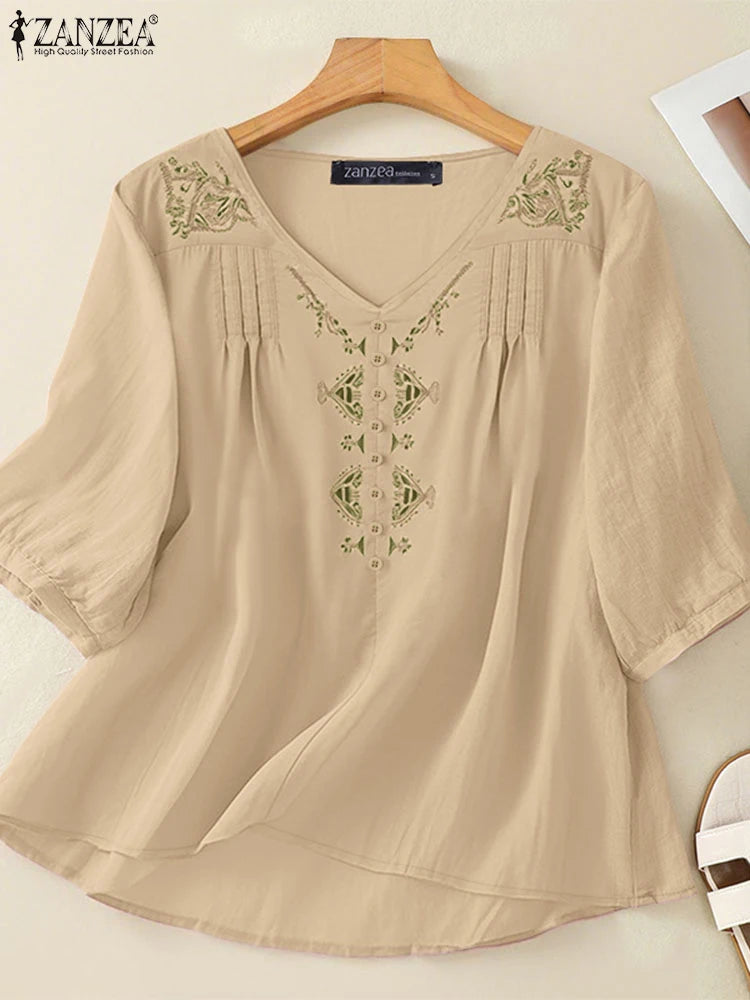 ZANZEA Women Vintage Floral Embroidery Blouses Summer Casual V-Neck Half Puff Sleeve Pintuck Blusas Mujer Day Wear Tunic Tops