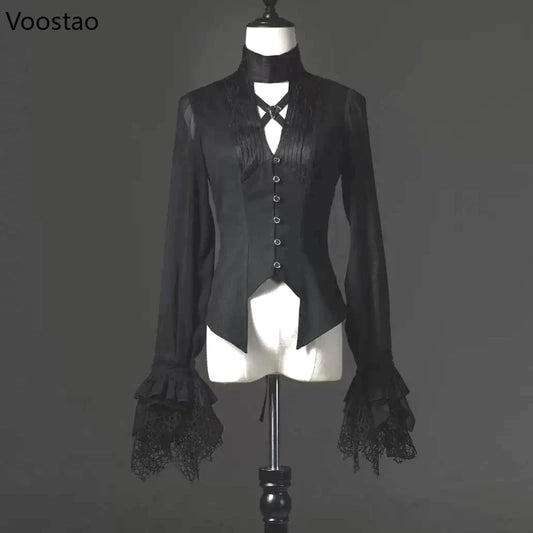Gothic Y2k Dark Lolita Shirts Women Vintage V-Neck Long Sleeve Blouses Couple Halloween Victorian Retro Slim Clothes Tops Unisex