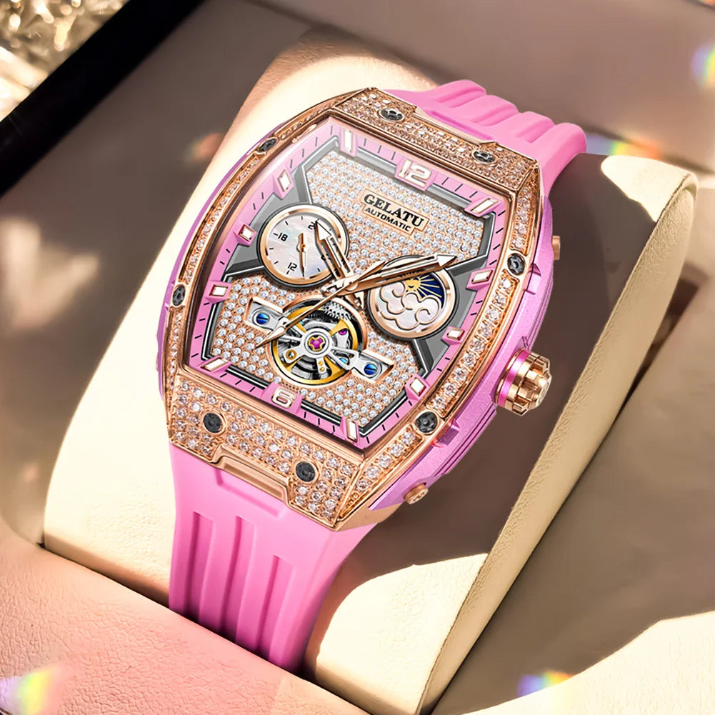 GELATU 6016 Women Watch Luxury Full Diamond Hollow out Dial Silicone Waterproof Moonphase Watch Women Automatic Mechanical Watch