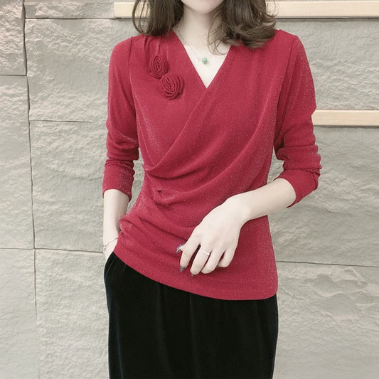 Women's Clothing Autumn Sexy V Neck 3D Flower Ruched Elegant Basic T-shirts Fashion Bright Silk Long Sleeve Slim Pullover Tops