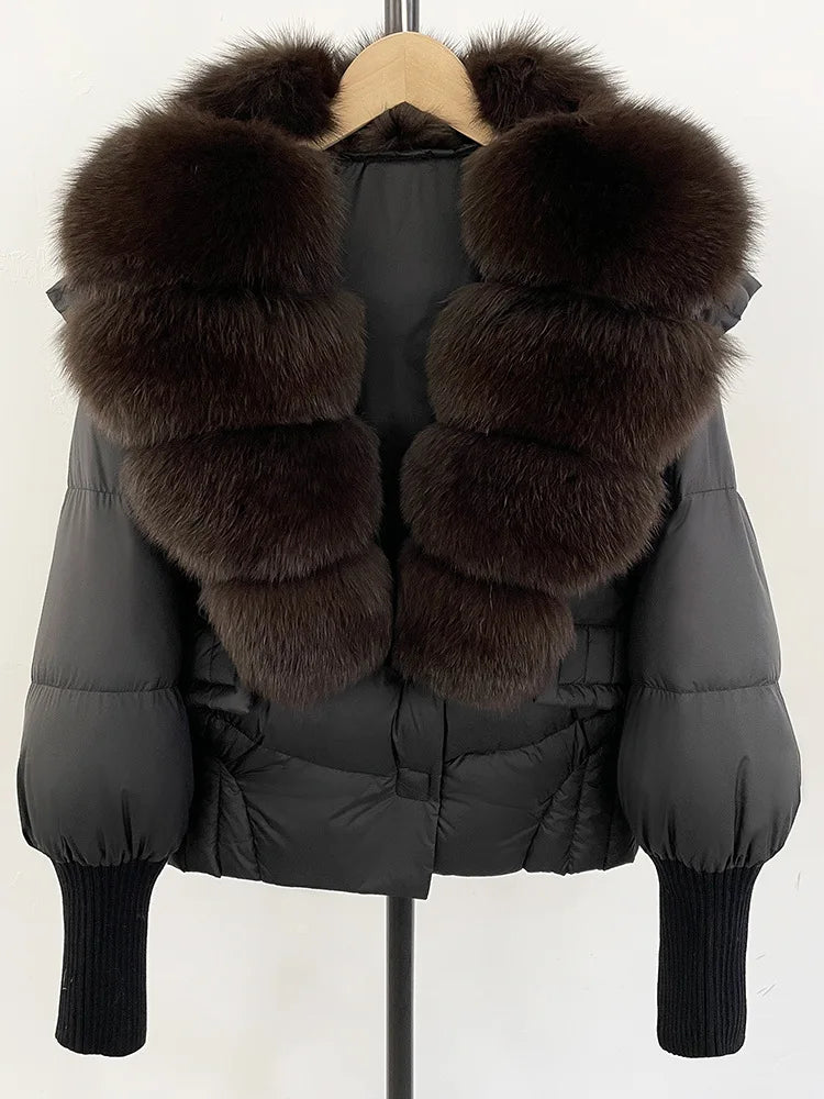 ZMEENNA Women's Black Puffer Down Jacket With Large Real Fur Collar Short Warm Winter Coat Knit Cuffs Elegant Outerwear ZM3377