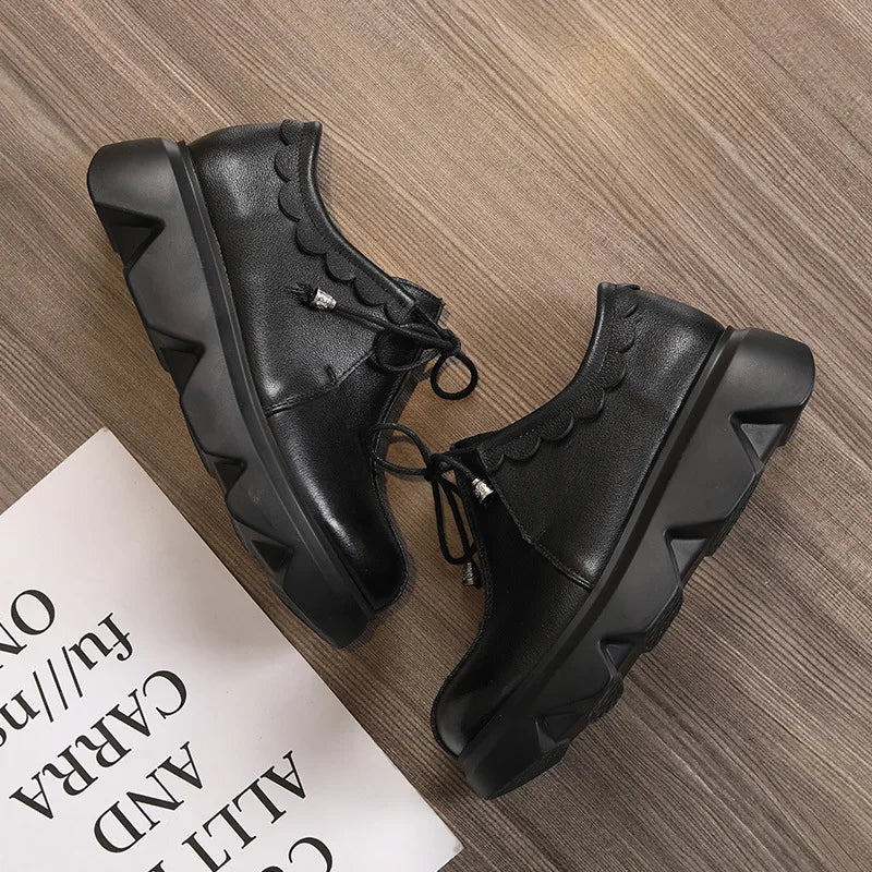 Round Head Leather Women's Shoes With Sloping Heel And Thick Soles