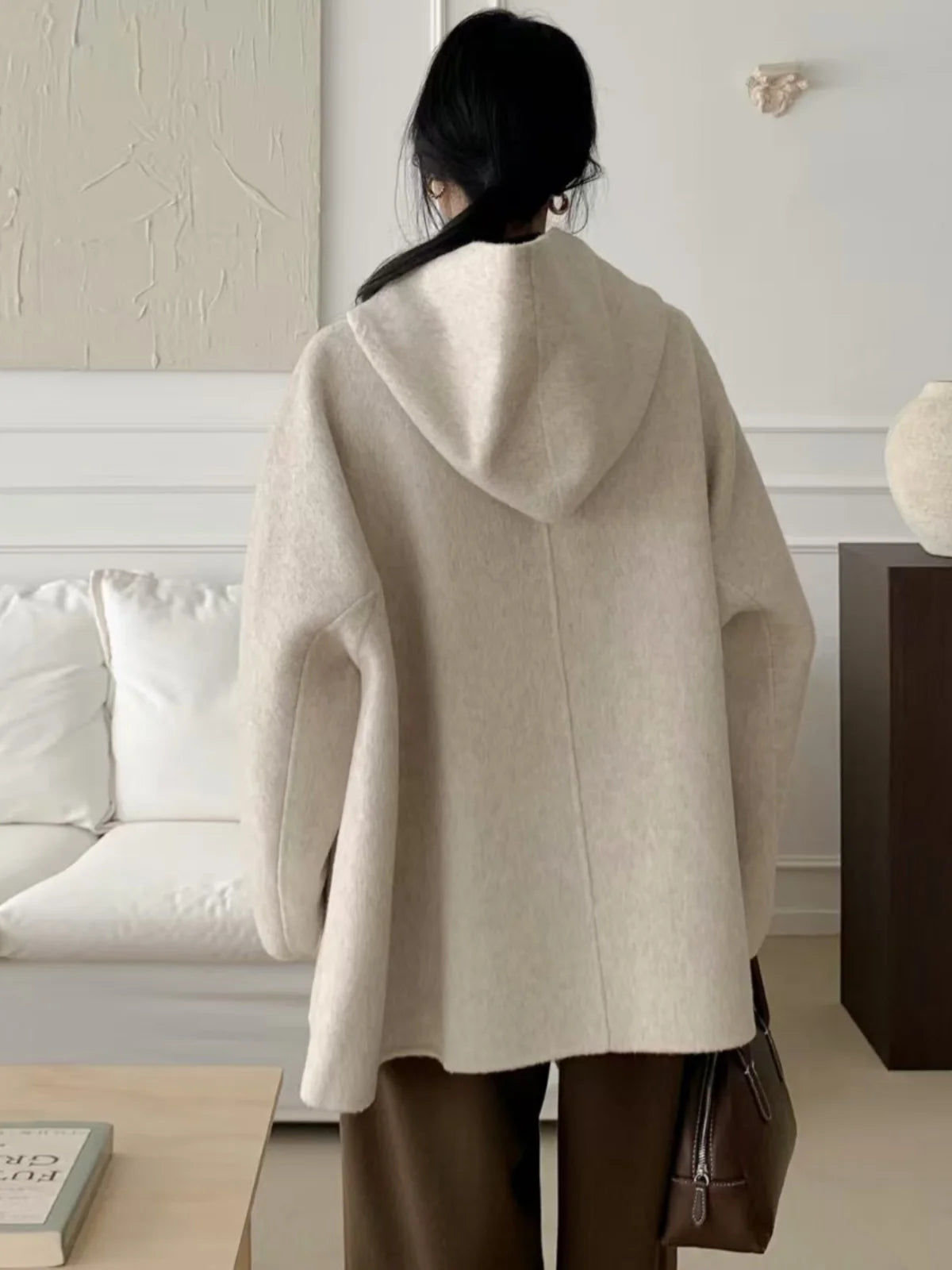 Korean Sle Woolen Coat Women's Chic Temperament Sweet Bow Tie Collar Hooded Warm Woolen Coat Long Sve Mid-Length