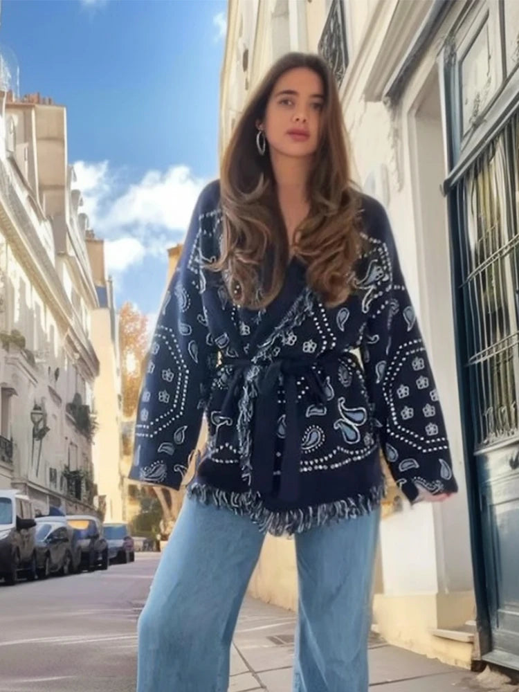 Fashion Printed Tassel Patchwork Cardigan Women V-neck Long Sleeve Loose Sweater Lady Autumn Daily Commute Street Knitwear