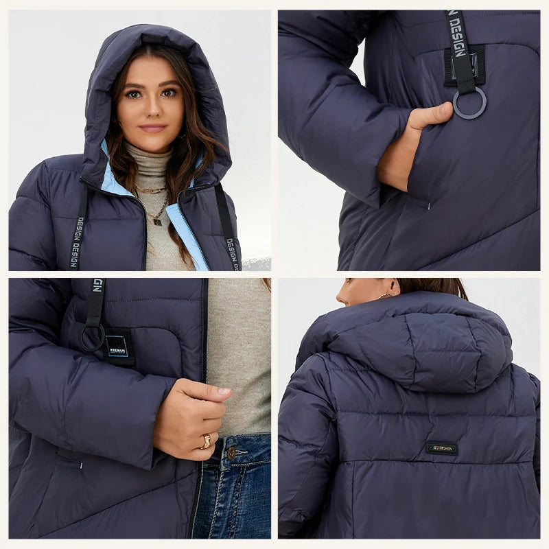 HaiLuoZi 2022 Winter Women's Jackets Thick Cotton Big Pockets Hood Zipper Quilted Parka Oversize Female Casual Women Coat 6896