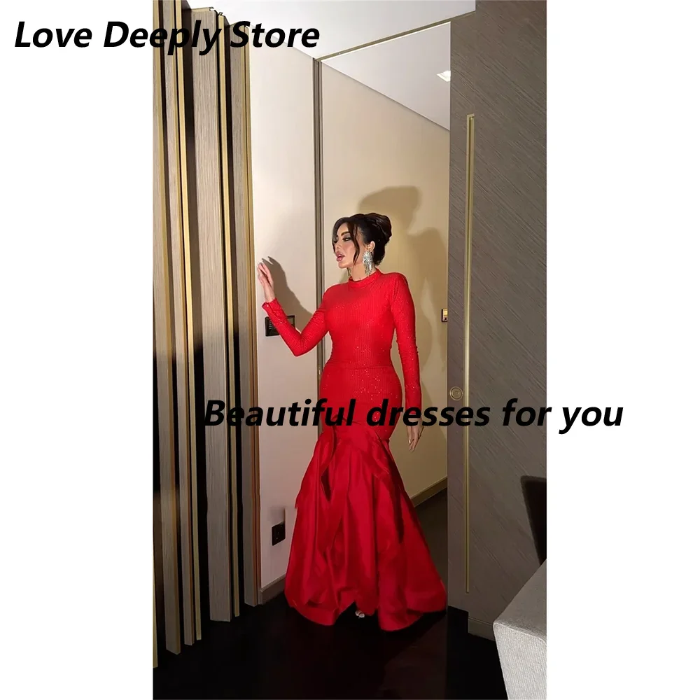Customized Elegant Saudi Arabia Evening Dresses Long Sleeves High Neck Party Dress Jersey Draped Long Mermaid Prom Dress