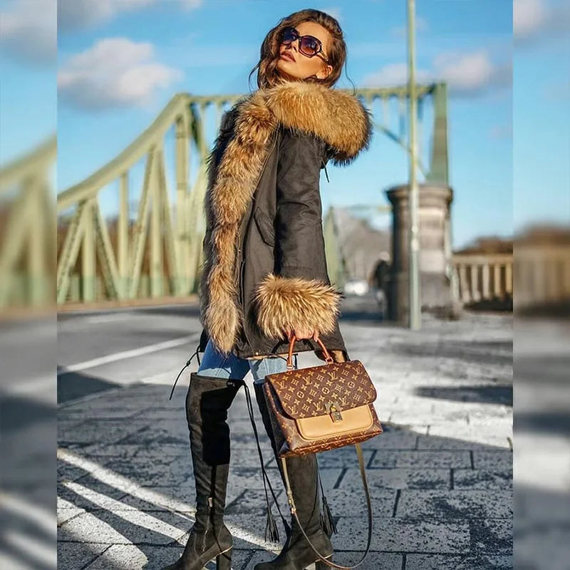 MaoMaoKong Natural Real Fox Fur Jacket Hooded Black Waterproof Woman Winter Warm Coat Parkas Luxury Jacket Female Clothing