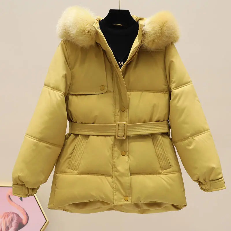 Women's winter hooded down jacket fur neck hooded long coat fashion hooded warm coat comfortable slim fit coat nice outdoor wear