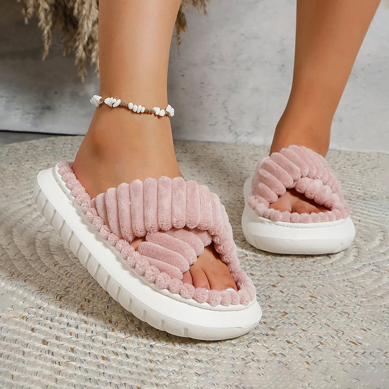 winter women house slippers cross strap soft Platform Slides Ladies Elegant Open Toe Big Size casual flats indoor
