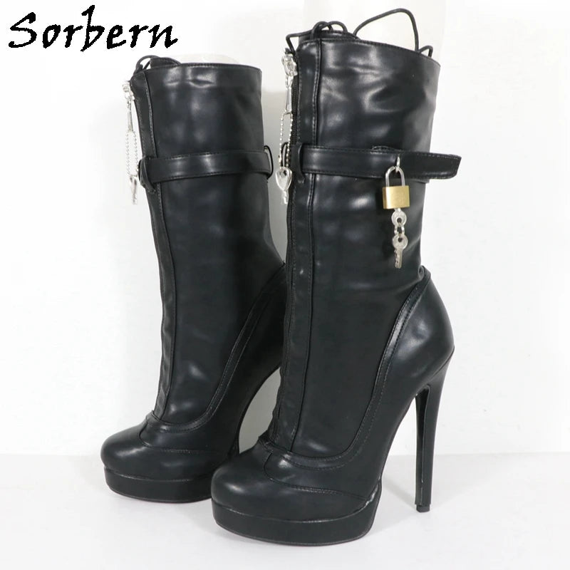 Sorbern Unisex High Ankle Boots Women Straps With Locks Visible Platform High Heels 25Cm Shaft Height Lockable Front Zipper Boot