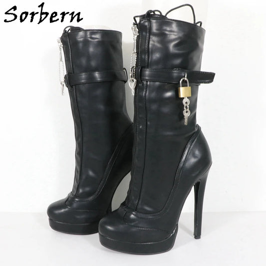 Sorbern Unisex High Ankle Boots Women Straps With Locks Visible Platform High Heels 25Cm Shaft Height Lockable Front Zipper Boot