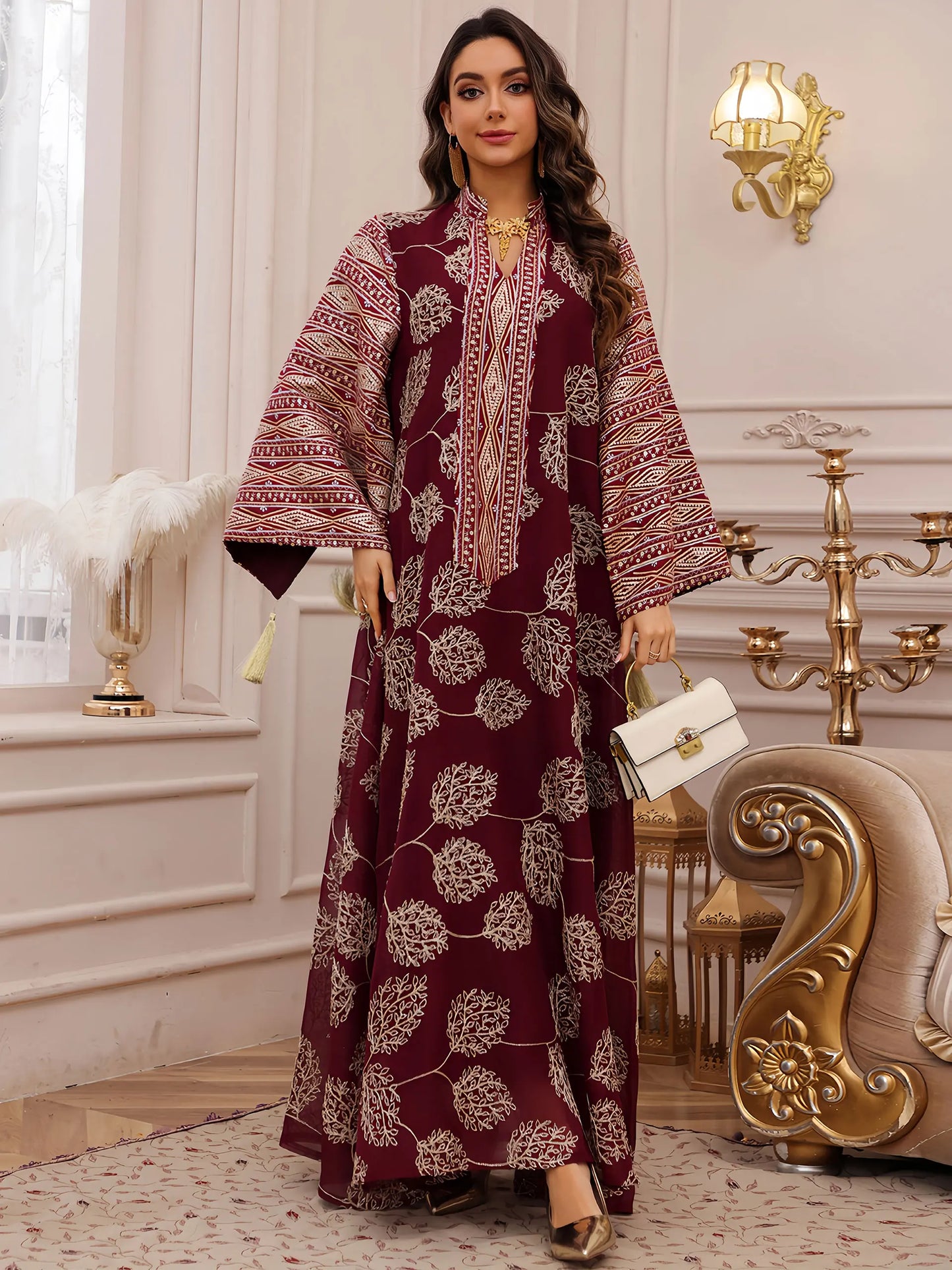New Stylish Dubai Muslim Abaya Women Islamic Red Fabric with Intricate Gold Embroidery for Middle East UAE Saudi Arabia Qatar