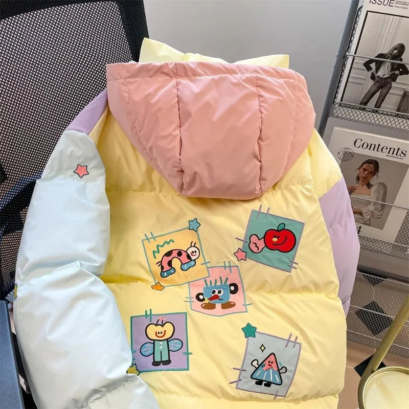 Macaron Cartoon Cotton-Padded Jacket Winter Contrast Color Bread Clothes Fashion Y2k Korean Casual Hooded Loose Thick Coat Women