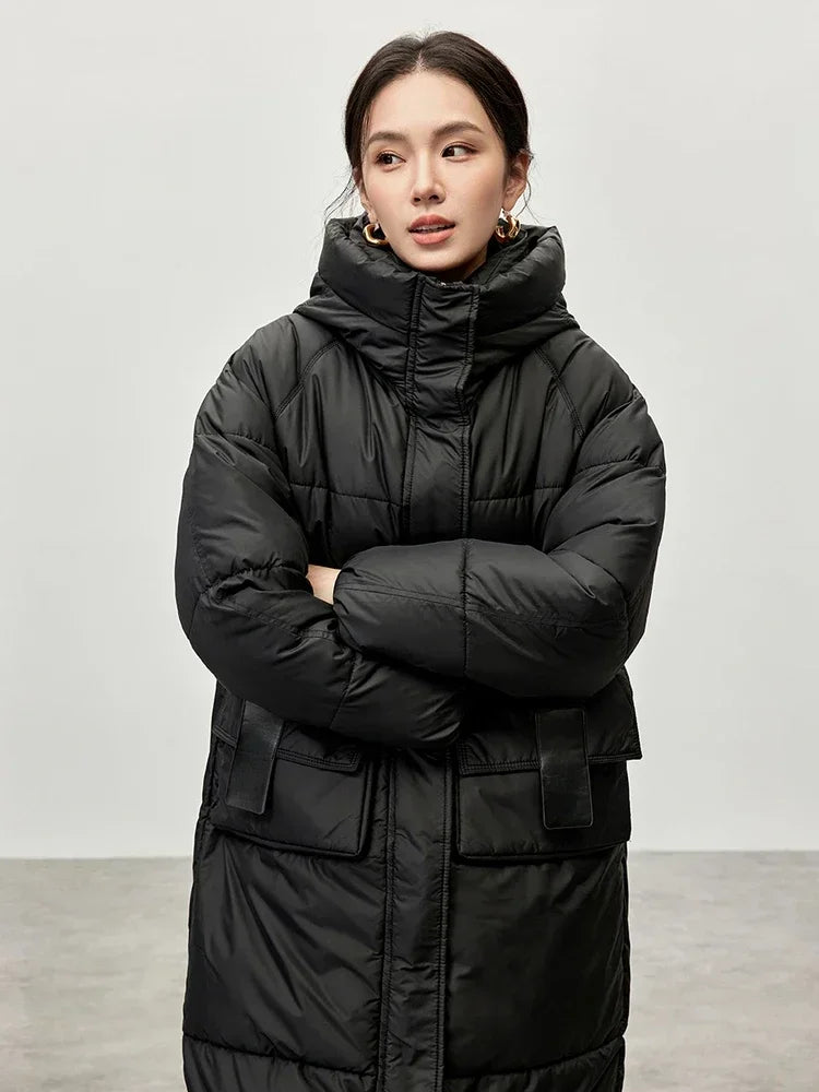 SENTUBILA Straight Hooded Parkas Women Winter 2025 Thick Solid Oversized Cotton Coat Casual Mid-length Outwear Female W44M57388