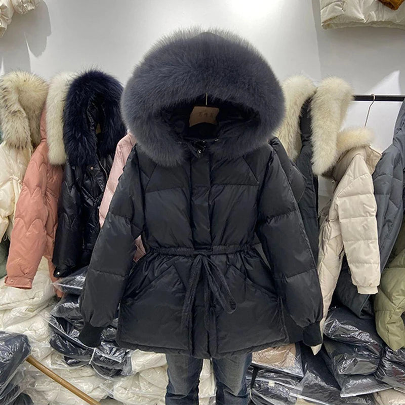 Winter Natural Fur Collar Women Down Jacket Light Warm Coat Female Jacket Women With Belt Loose Drawstring Hooded Parka Overcoat