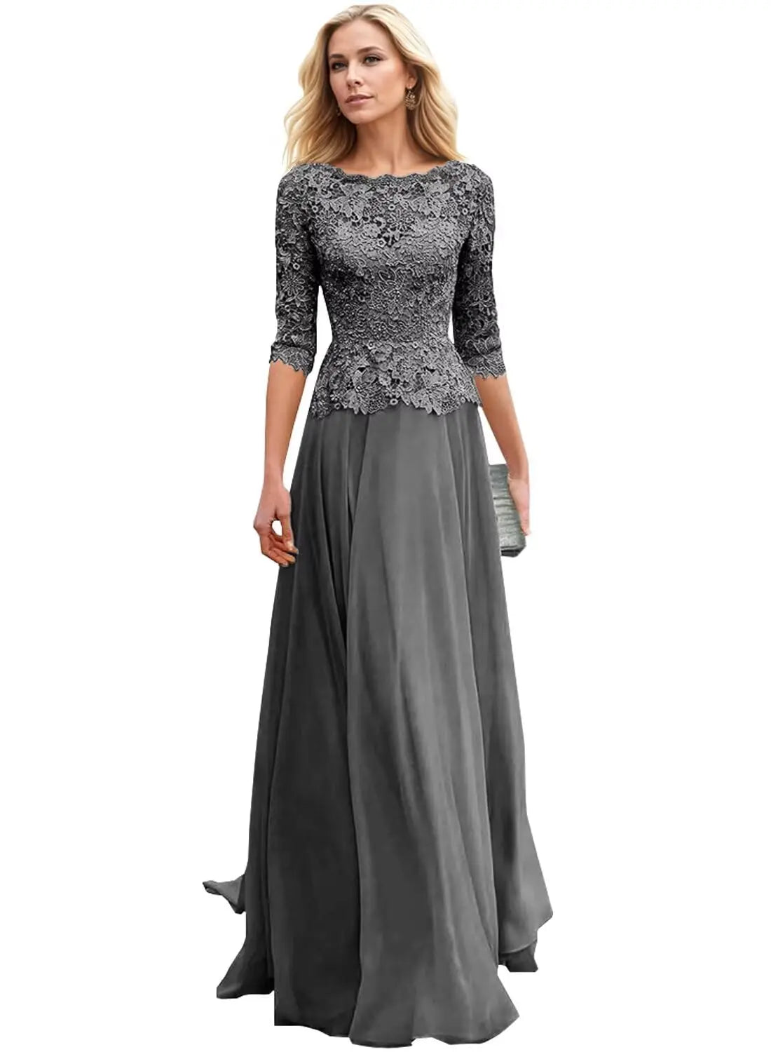 Customized Women's Lace Appliques Mother Of The Bride Dress For Wedding Boat Neck Chiffon Half Sleeves Formal Wedding Guest Gown
