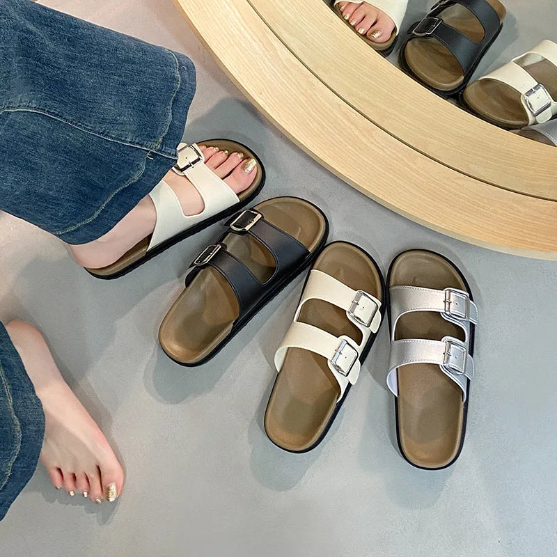 2025 New Style Summer Woman Elegant Fashionable Slippers Metal Buckles Comfortable High Quality Sandals Women's Shoes