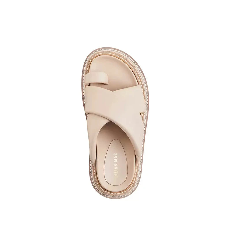 ALIAS MAE 2024 Summer New Women's Beach Slippers Master Quality Genuine Leather Handmade Trendy Style Classic Solid Color