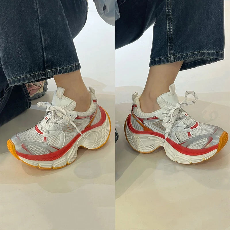 Fashion Contrast Color Design Women's Vulcanized Shoes Brand Design Thick Sole Heightening Sports Shoes Ladies New Sneakers 2025