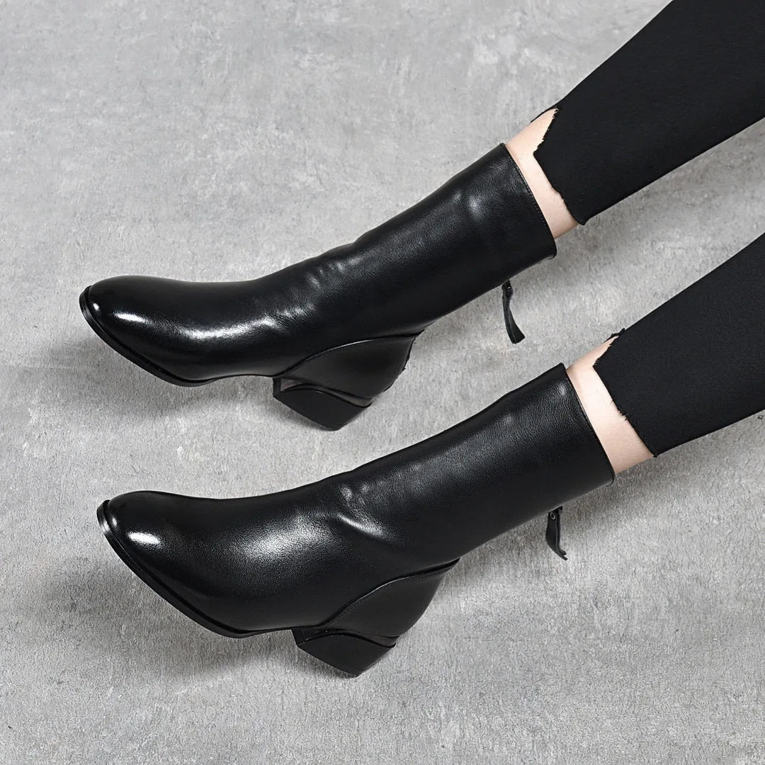 Leather boots for women 2023 autumn and winter round head mid-leg thick heel boots European and American style after zipper fash