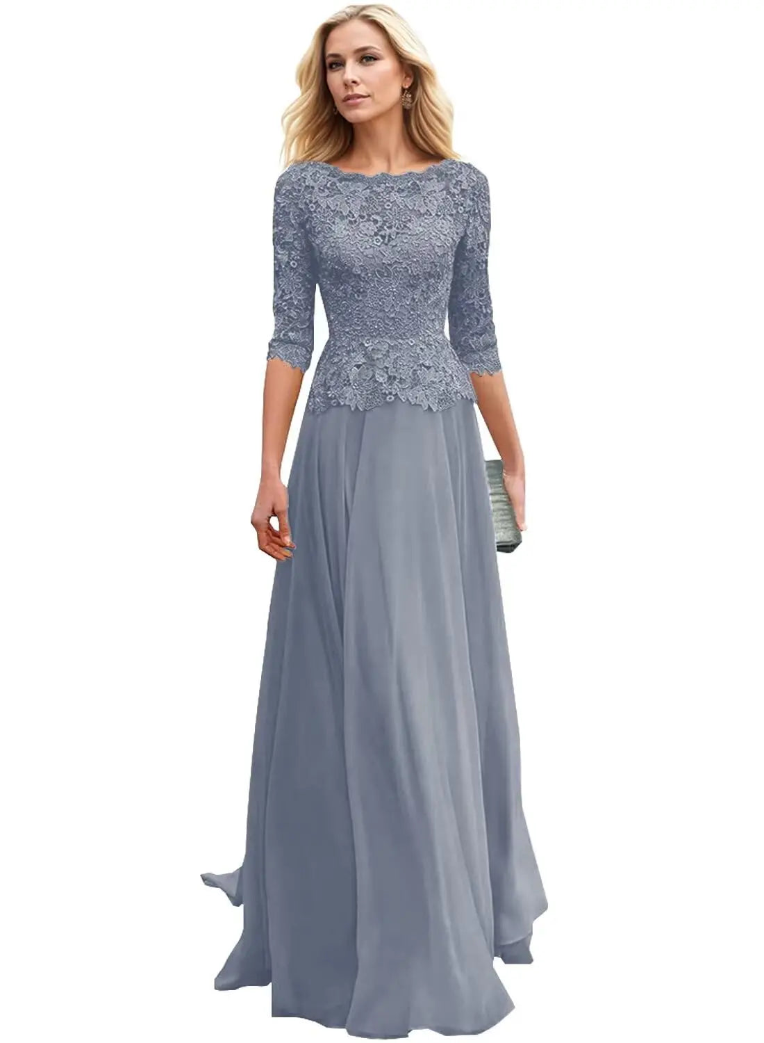 Customized Women's Lace Appliques Mother Of The Bride Dress For Wedding Boat Neck Chiffon Half Sleeves Formal Wedding Guest Gown