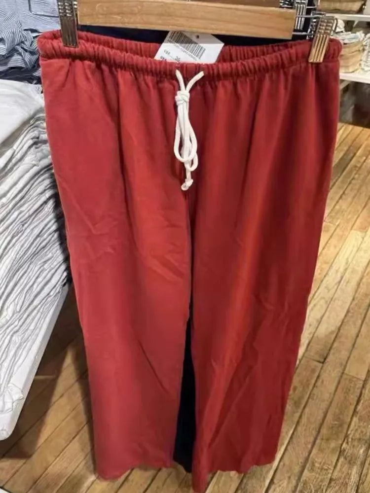Red Drawstring Elastic Waist Oversized Retro Trouser Woman Casual Wide Leg Pant Loose Y2K Harajuku Sweatpants Cototn Blend
