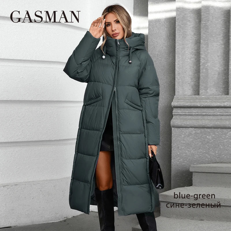 GASMAN 2024 Women down Jacket Long Classic zipper design Big Pocket Stand Collar Hooded Slim coat Women Parkas 88606