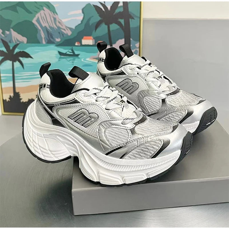 Fashion Contrast Color Design Women's Vulcanized Shoes Brand Design Thick Sole Heightening Sports Shoes Ladies New Sneakers 2025