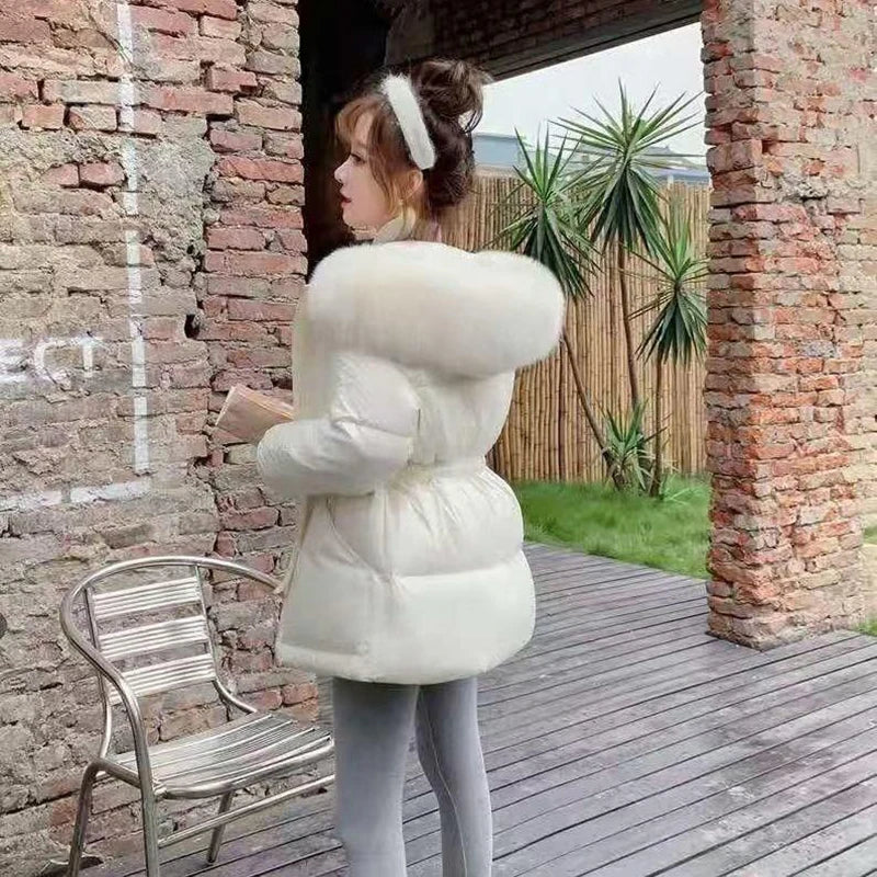 Winter Natural Fur Collar Women Down Jacket Light Warm Coat Female Jacket Women With Belt Loose Drawstring Hooded Parka Overcoat