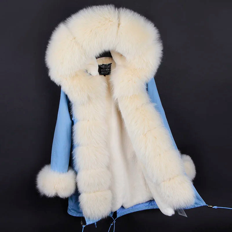 Maomaokong Winter Women Luxur Beige Fur Coat Natural Real Fox Fur Waterproof Jacket Hooded Thick Warm Fashion Long Black Parkas