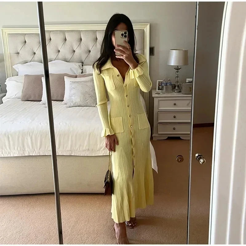 Winter Knitted Dress Women 2025 New Long Sleelve Ruffles Single Breasted Long Dresses Female Party Fashion Sweater Vestidos