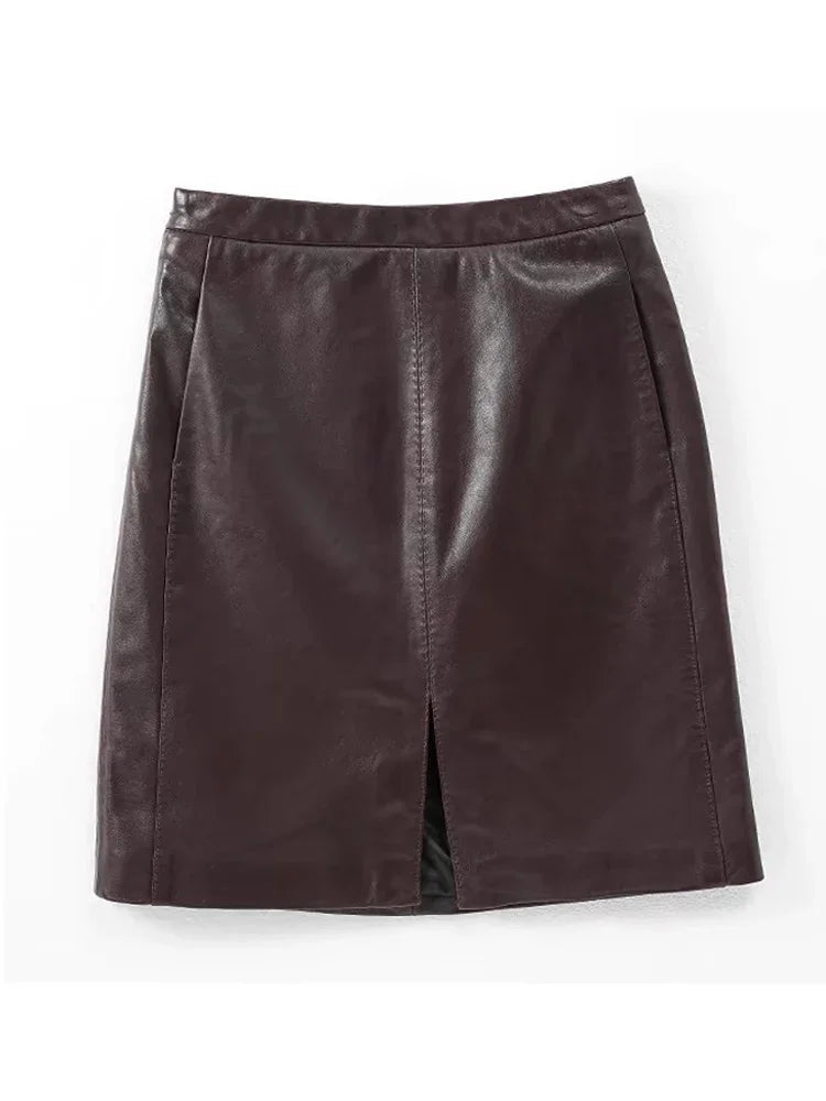 Real leather Women Skirts Ladies 100% Sheepskin Leather Jupe Femme Front Split Sexy Wrap Saias Mujer Mid-Length Burgundy Faldas