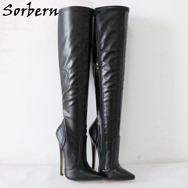 Sorbern Black Knee High Boots For Women 18Cm High Heel Stilettos Pointed Toe Custom Streched Matte Black Shoes