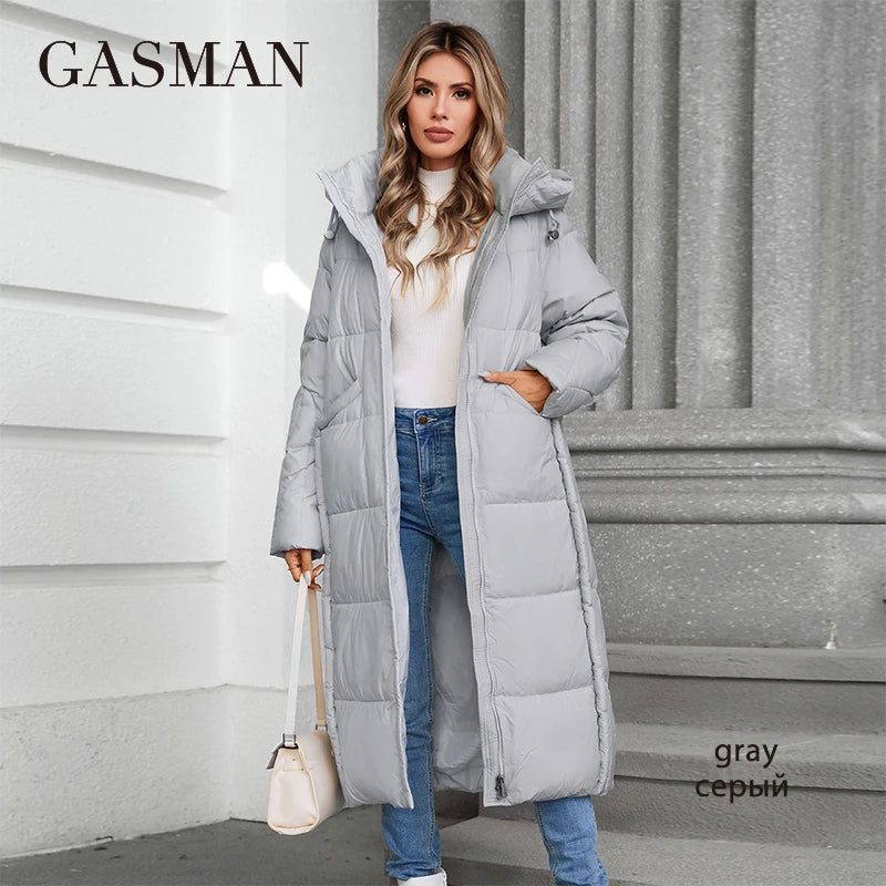 GASMAN 2024 Women down Jacket Long Classic zipper design Big Pocket Stand Collar Hooded Slim coat Women Parkas 88606