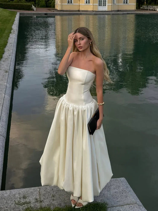 Elegant Solid Strapless A-line Bud Midi Dresses Women Chic Sleeveless High Waist Pleated Long Dress Summer Lady New Party Robes